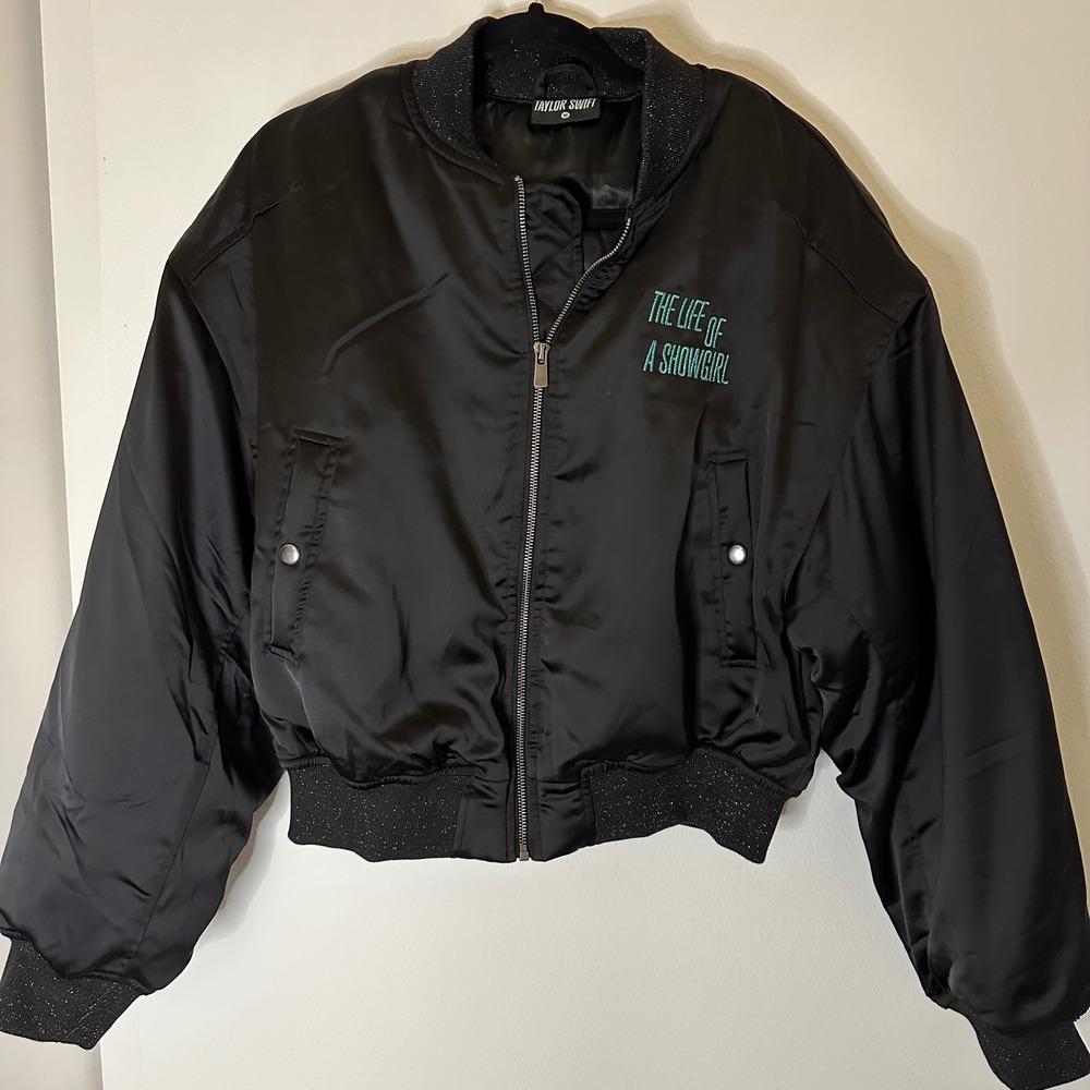 NWOT Taylor Swift TLOAS Wish List Embroidered Satin Black Bomber Jacket Size M